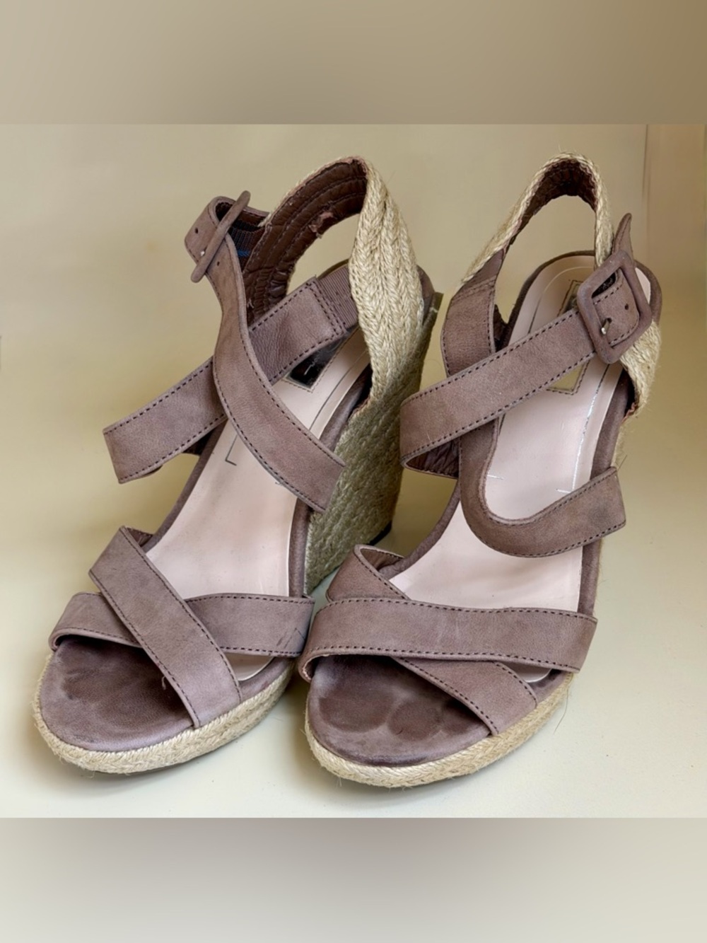 10: Jessica Simpson Taupe Crisscross Espadrille Wedge Sandals - Size 6